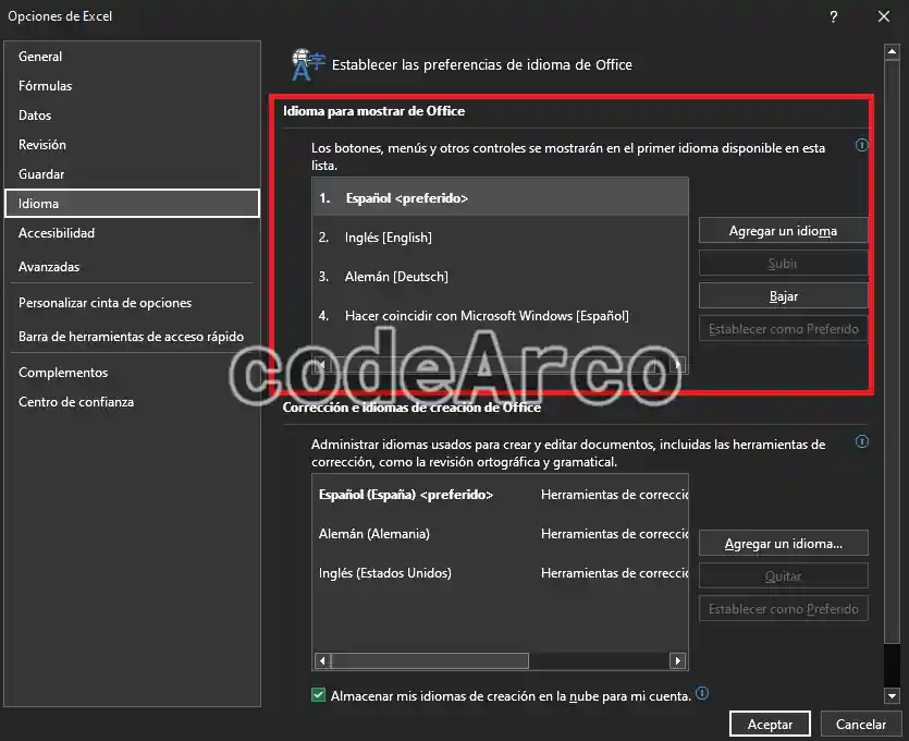 Idioma para mostrar de Office en interfaz y formulas