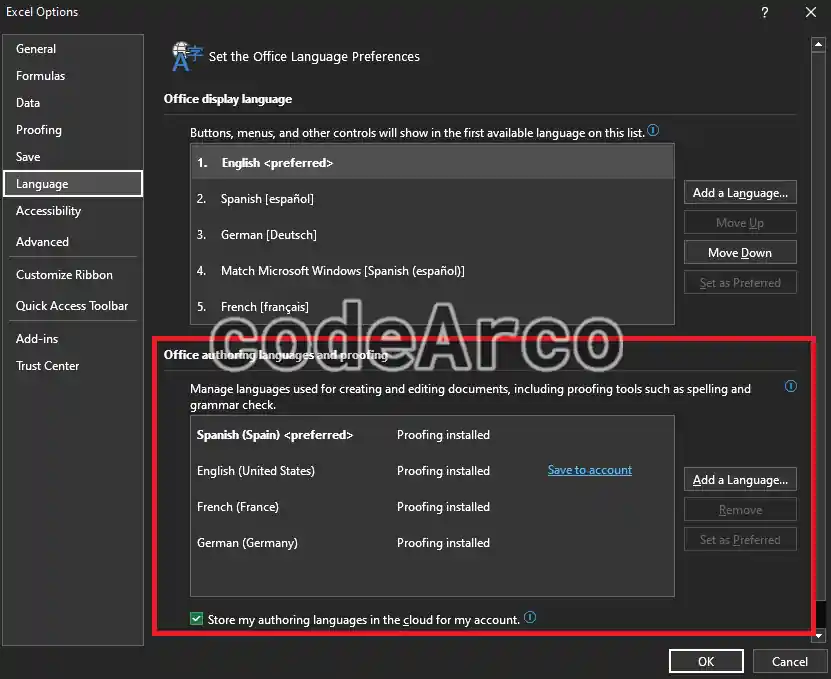 How to change the tongue of the grammar checker in Office