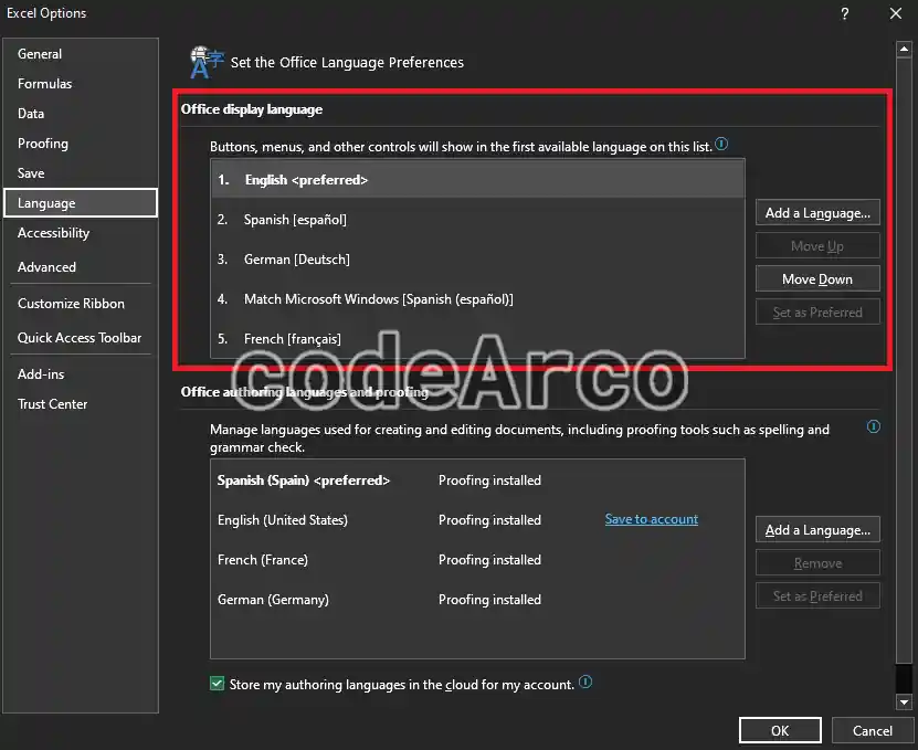 Office display language in formulas and interface