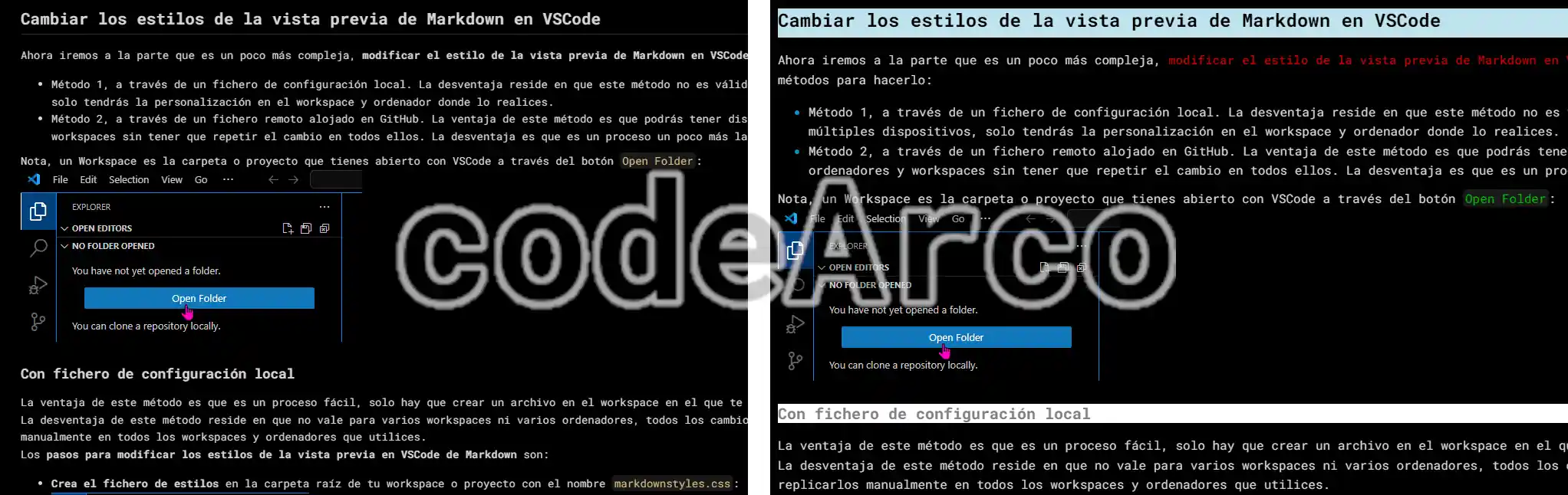 Result before and after changing styles in Markdown preview