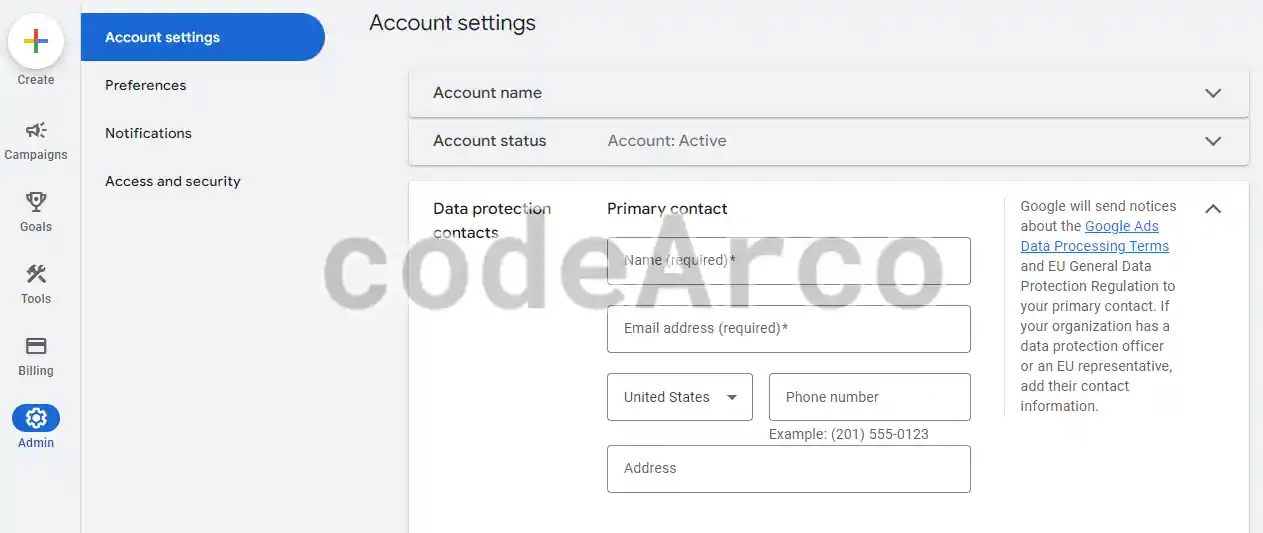 Contact information in Google Ads