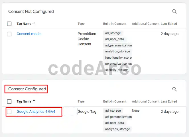 Google Tag Manager consent configured