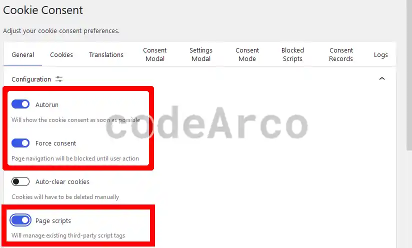 Wordpress plugin consent mode V2 general section