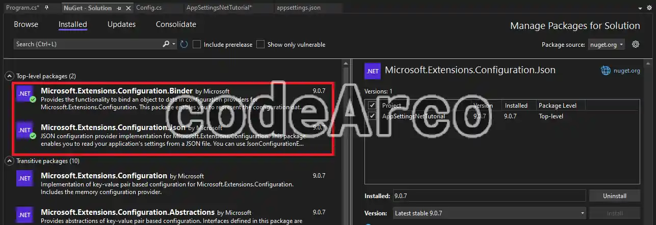 Install NuGet packages to convert appsettings JSON to an object