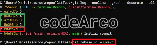 Git rebase example with terminal