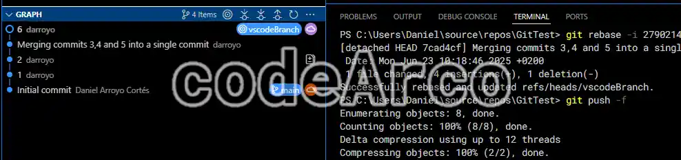 Result of deleting commits with VSCode and terminal