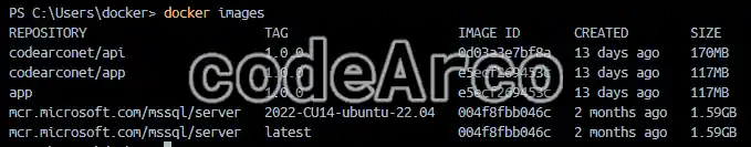 Example of a docker images command to list images