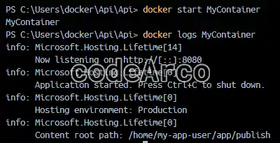docker logs command for logs of started containers