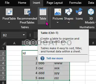 Excel how to create a table from data