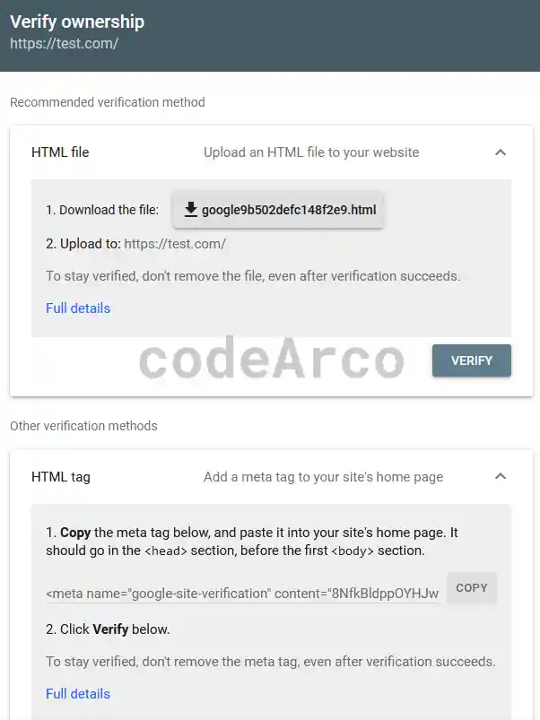 Google Search Console verify property with HTML tag