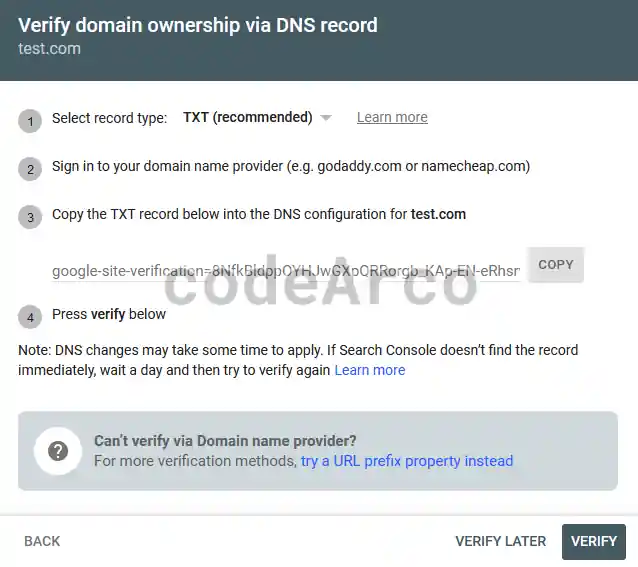 Verify DNS domain ownership in Google Search Console
