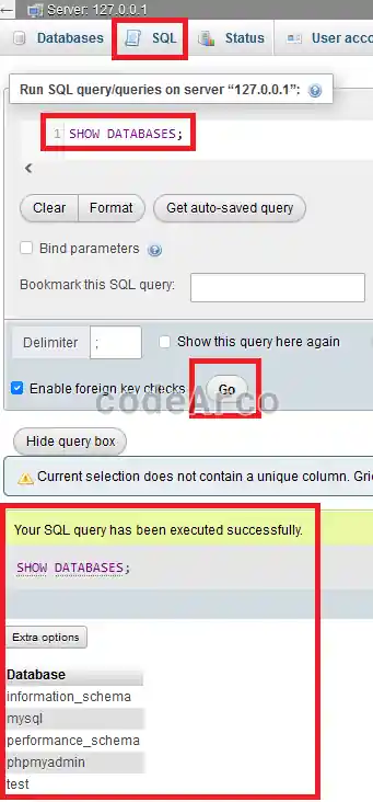 MySQL in XAMPP run test query
