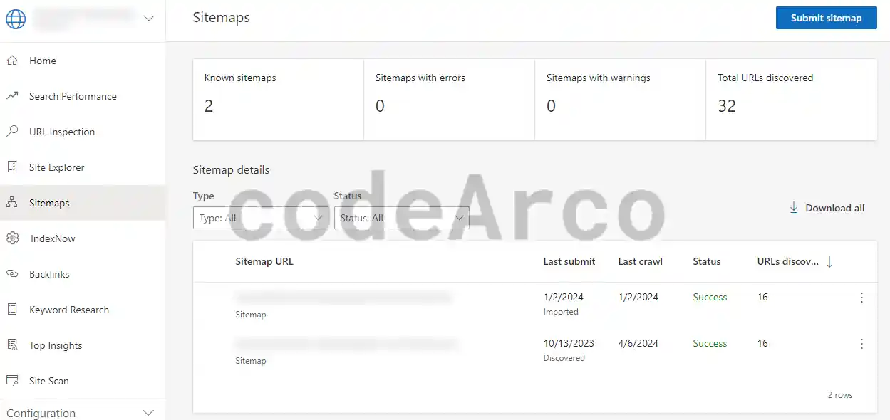 Verify sitemap sent to Bing