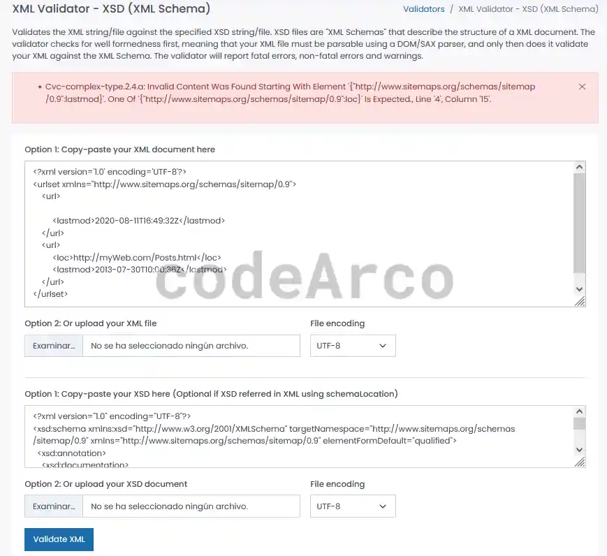 Verify sitemap with XML validator XSD