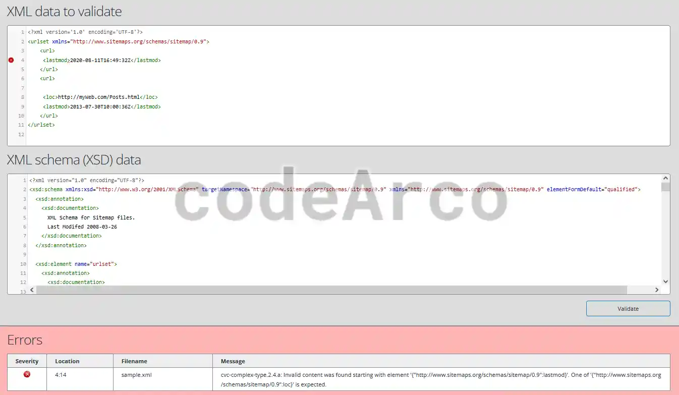 Verify sitemap with XSD validator