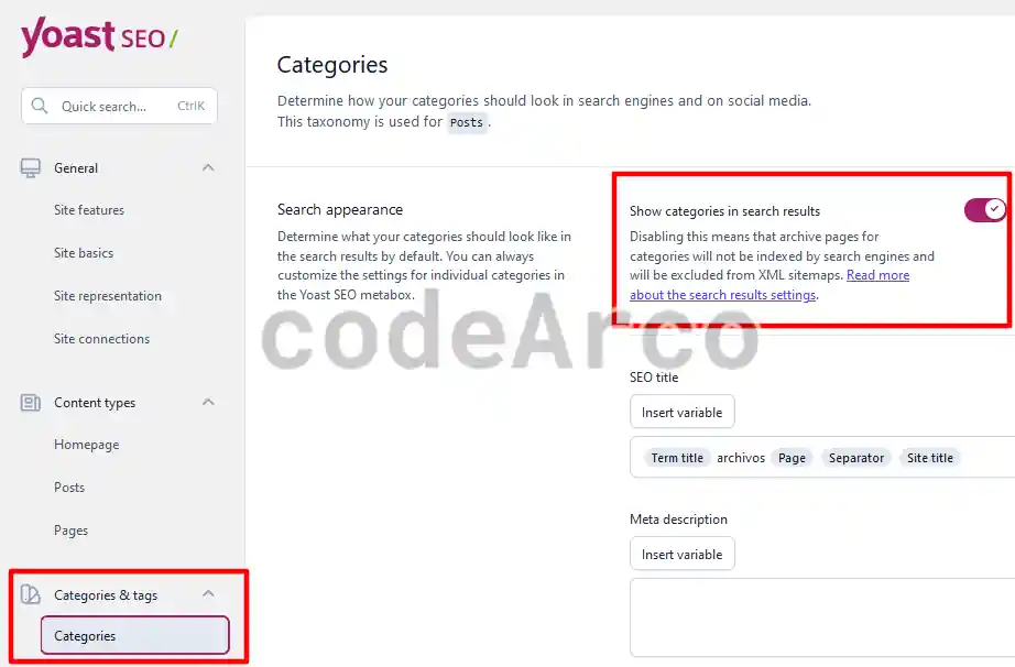 Activate indexing of categories and tags by Yoast