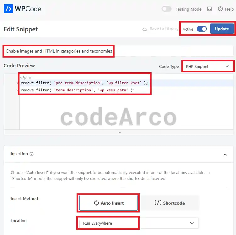 PHP code to insert HTML in category description