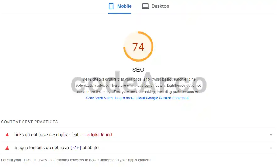 Mobile SEO errors in PageSpeed Insights