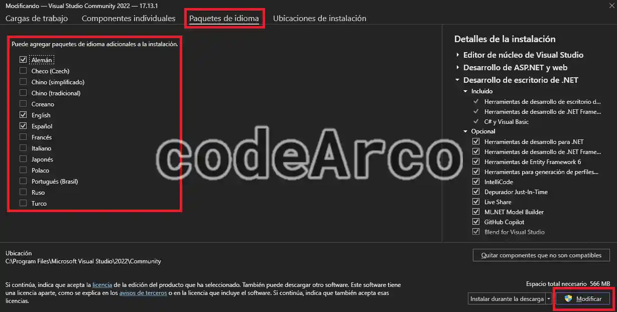Install language in Visual Studio