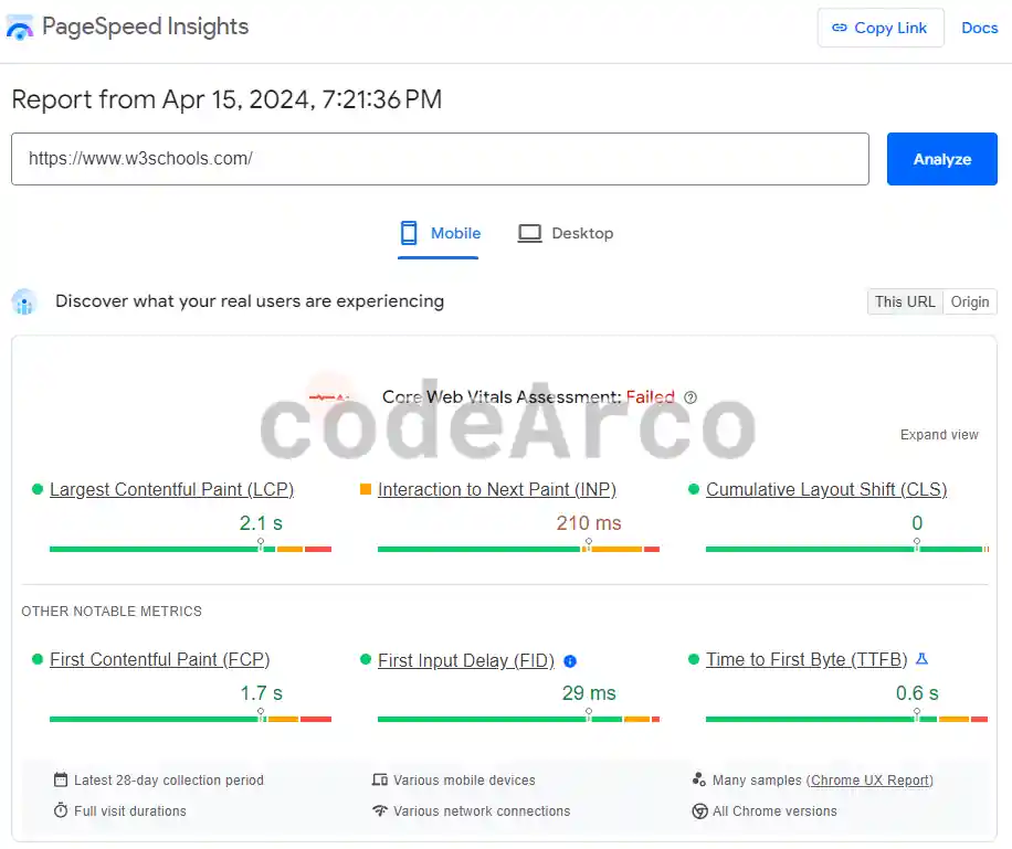 Google PageSpeed Insights performance metrics