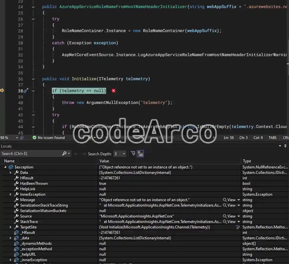 Error Object reference not set to an instance of an object ApplicationInsights