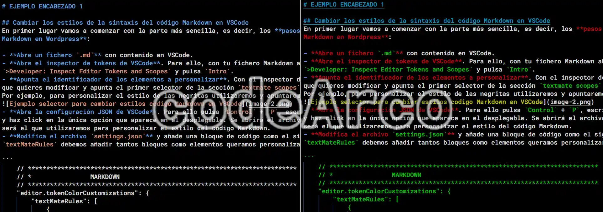 Resultado cambiar estilos codigo Markdown en VSCode