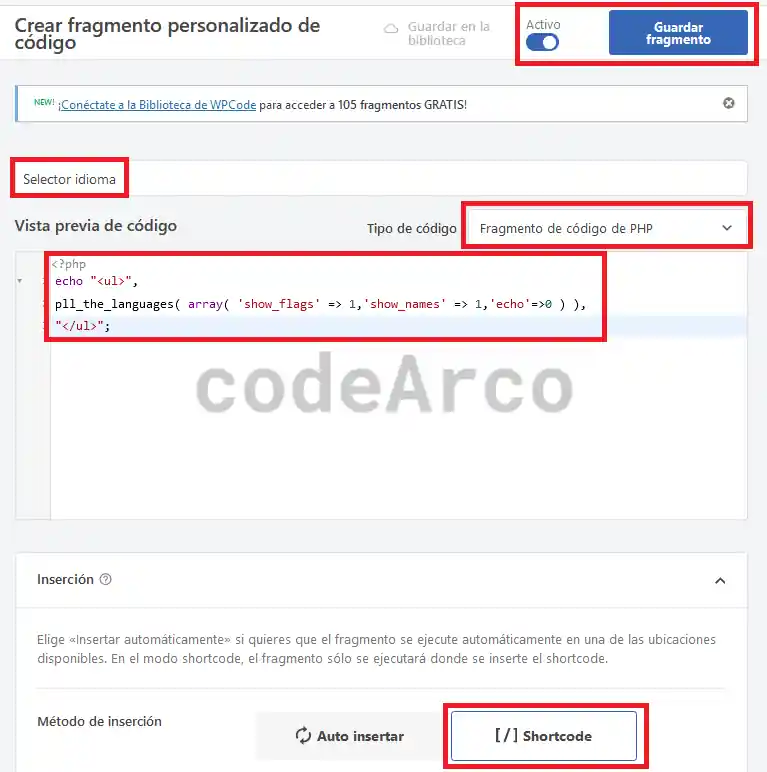 Fragmento de codigo PHP shortcode para Polylang