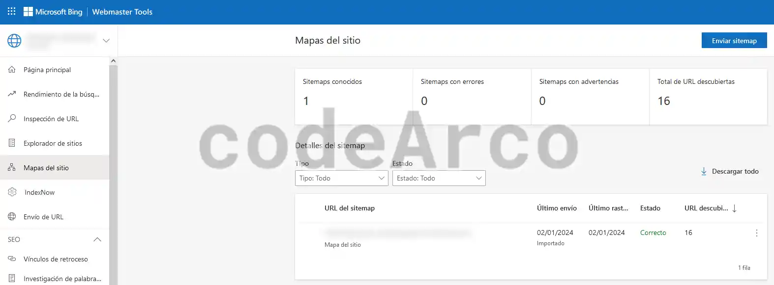 Verificar sitemap enviado a Bing
