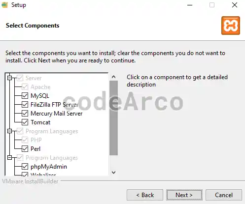 Elegir componentes instalar XAMPP