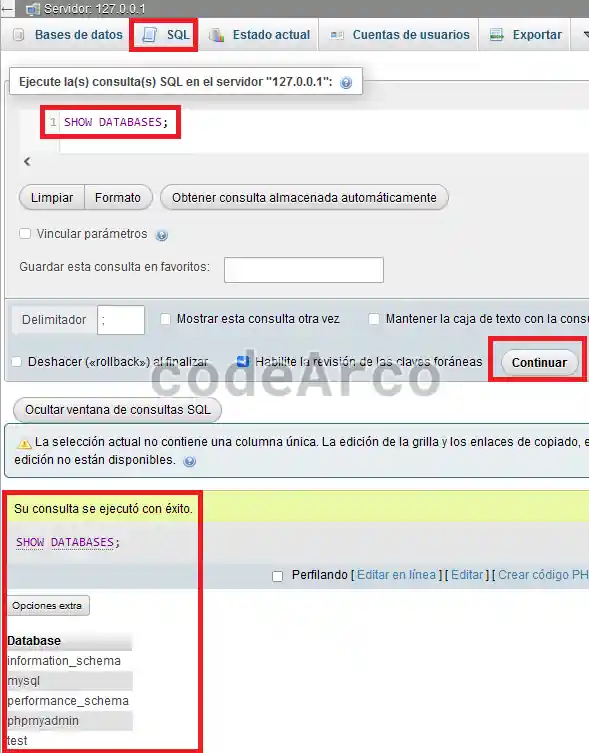 MySQL en XAMPP ejecutar consulta de prueba