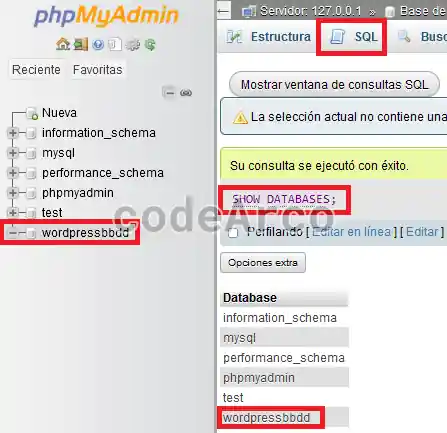 Probar base de datos MySQL para WordPress