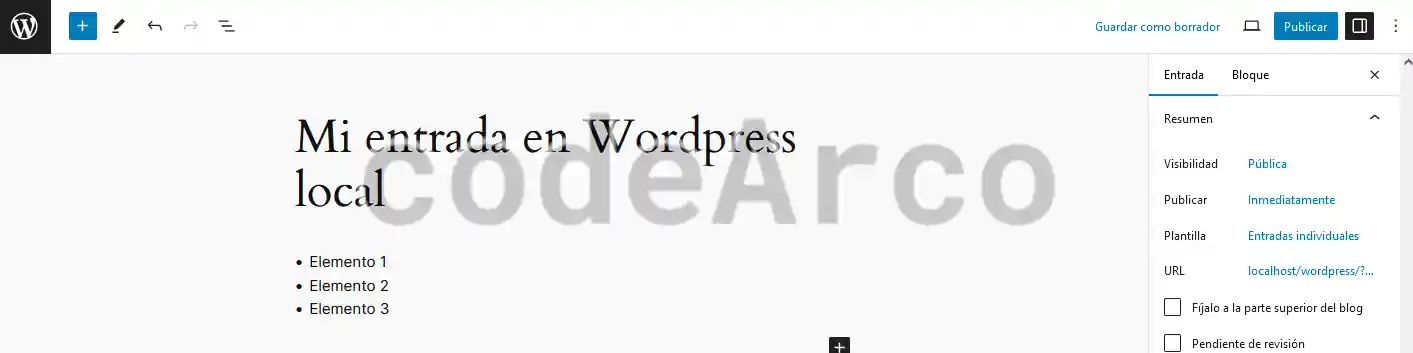 Wordpress crear entrada en local