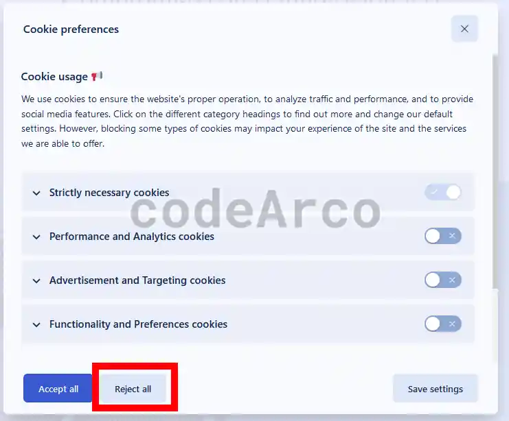 Banner cookies consent mode V2 rechazar todas