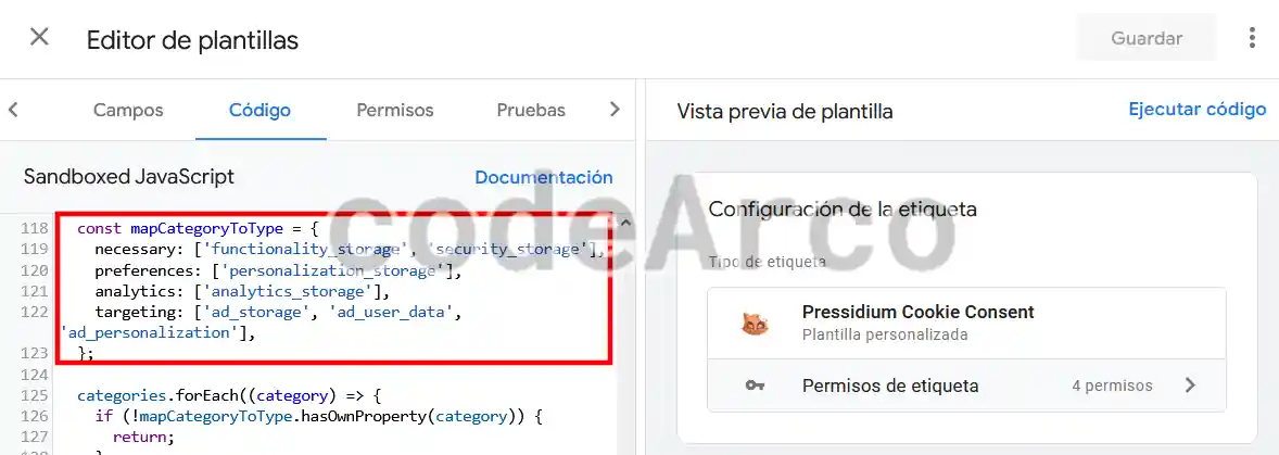 Categorias y parametros de consentimiento plugin WordPress