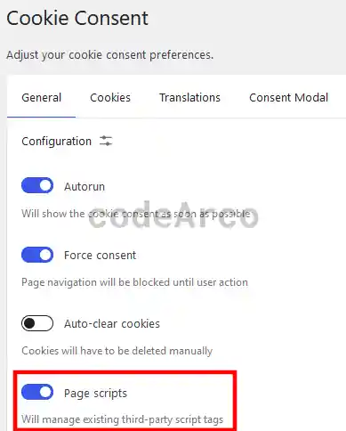 Cookie consent page scripts de plugin WordPress