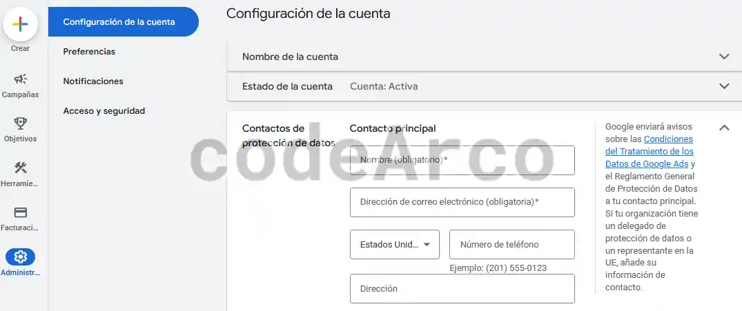 Datos de contacto en Google Ads