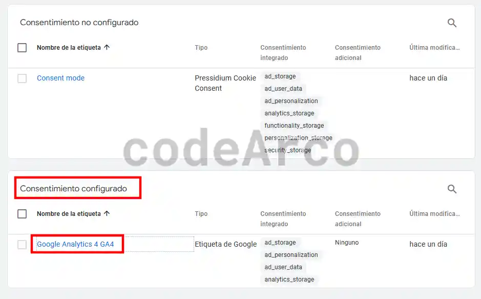 Google Tag Manager consentimiento configurado