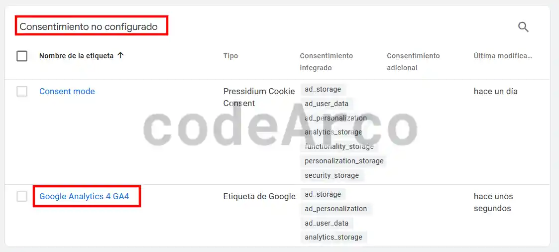 Google Tag Manager consentimiento no configurado