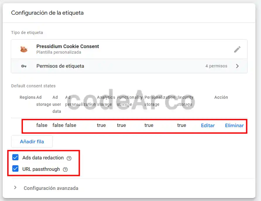 Google Tag Manager etiqueta consent mode V2