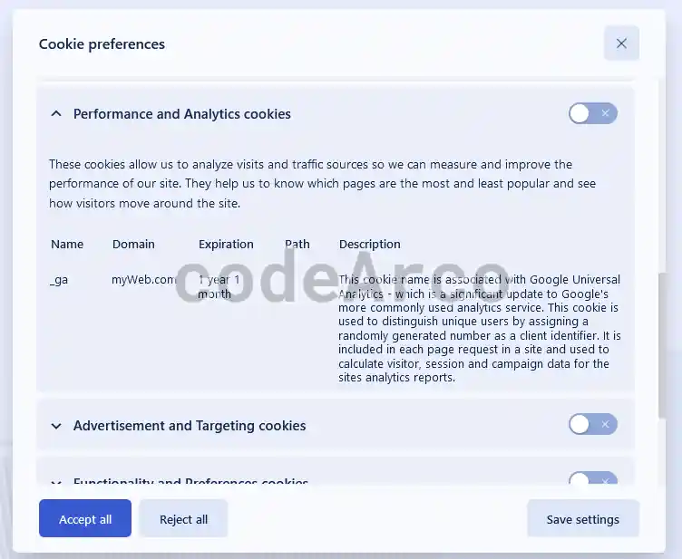 Listado de cookies en banner web
