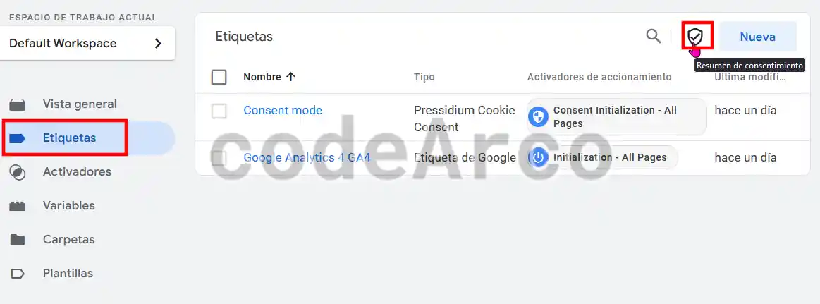 Resumen de consentimiento Google Tag Manager