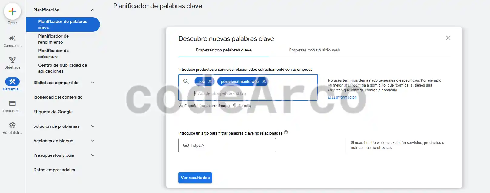 Planificador de palabras clave de Google Ads