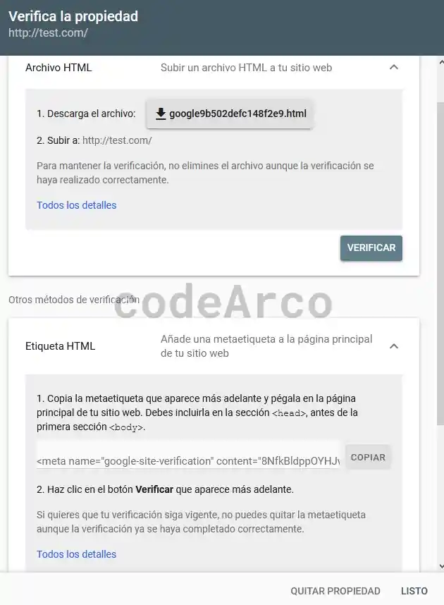 Google Search Console verificar propiedad con etiqueta HTML