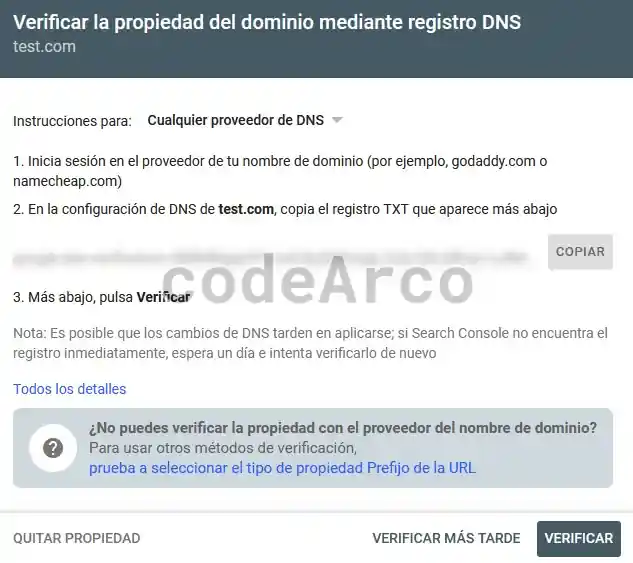 Verificar propiedad del dominio DNS en Google Search Console
