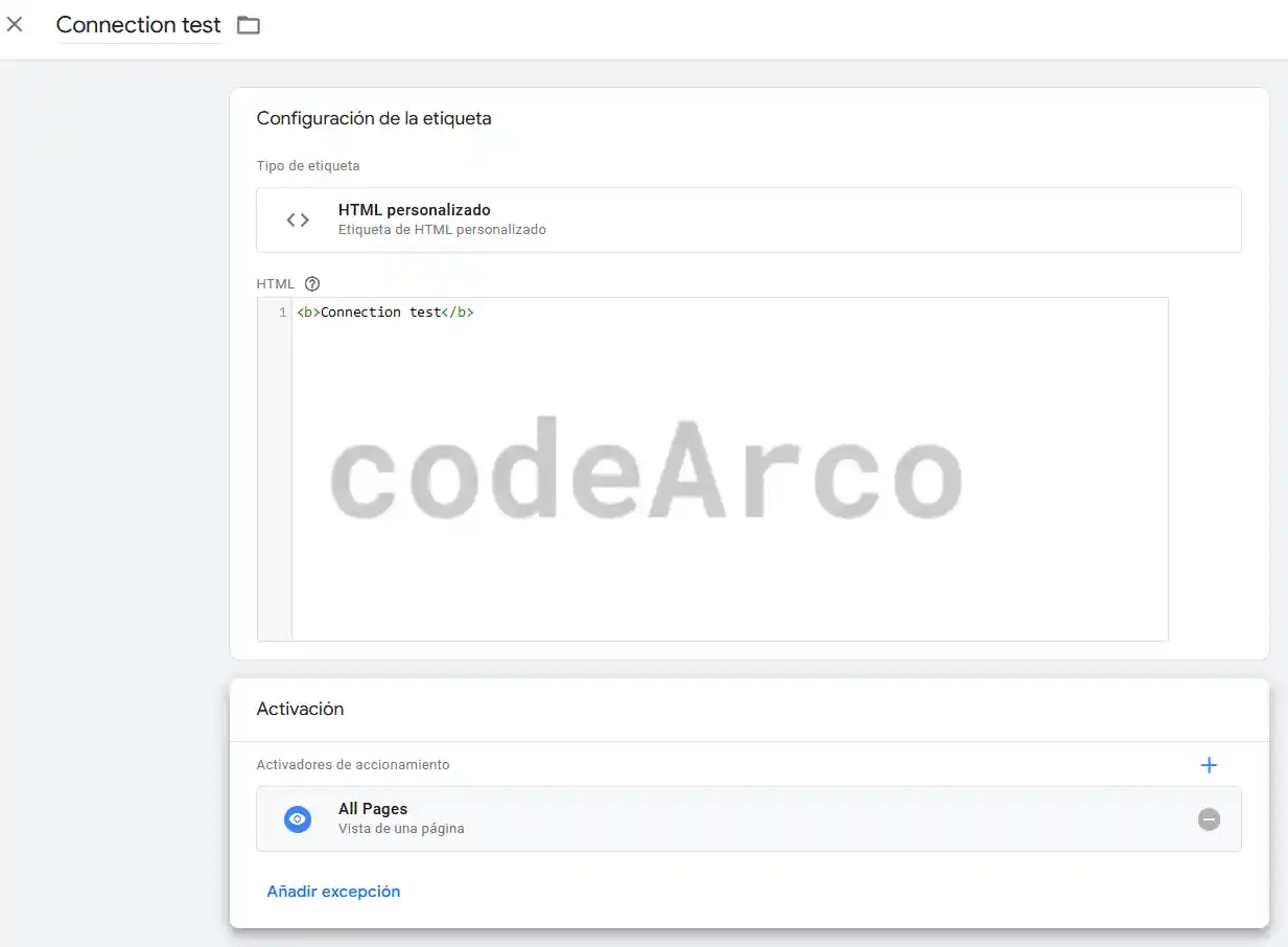 Anadir etiqueta de prueba a Google Tag Manager