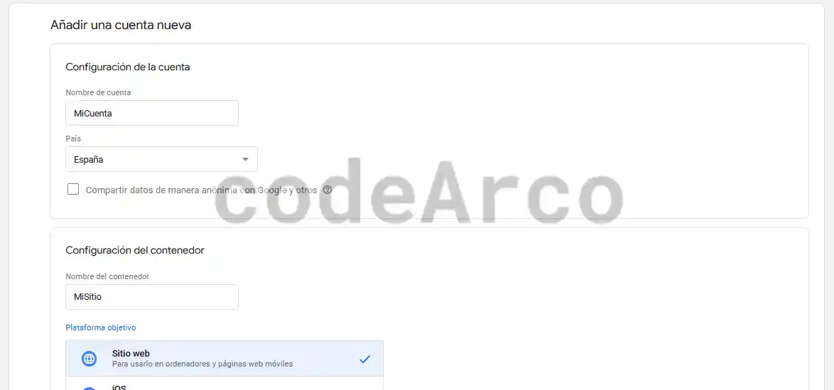 Crear cuenta Google Tag Manager