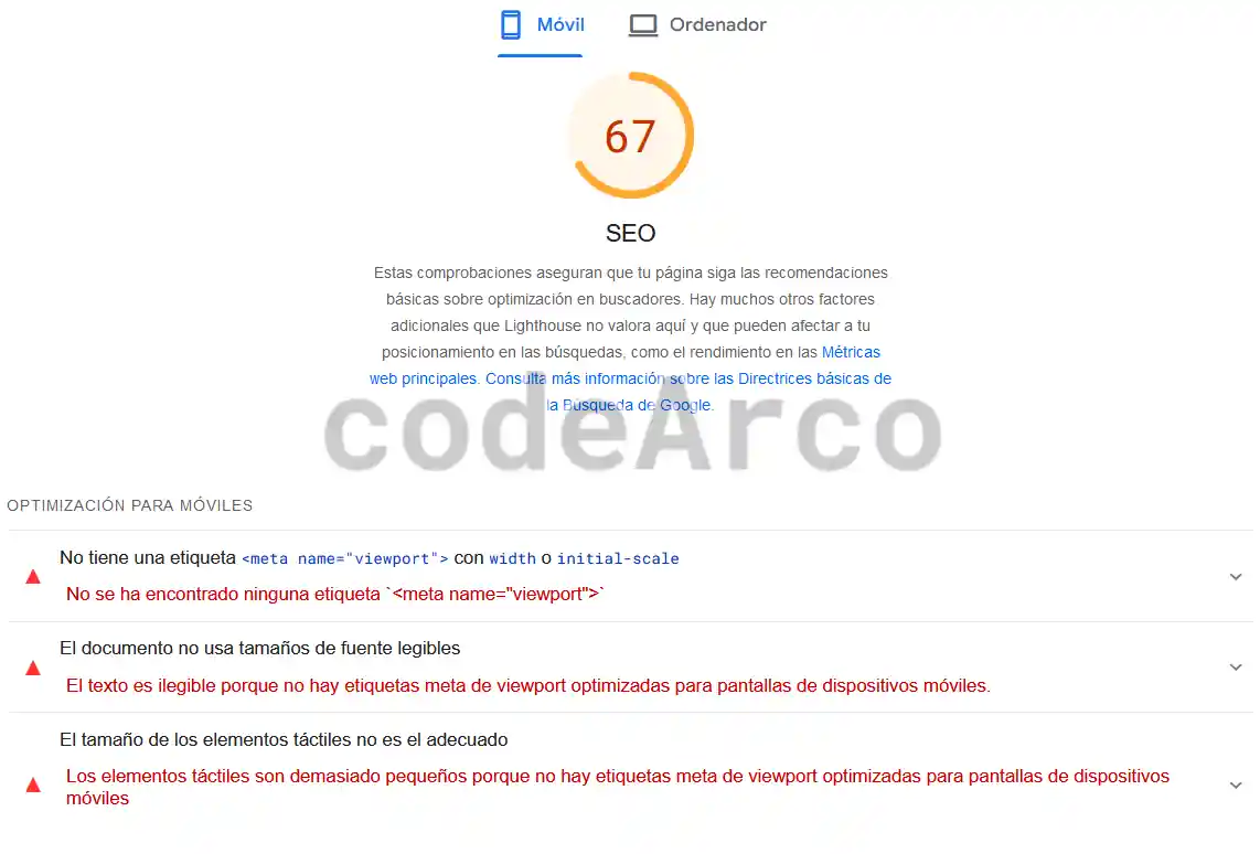 Errores SEO movil en PageSpeed Insights