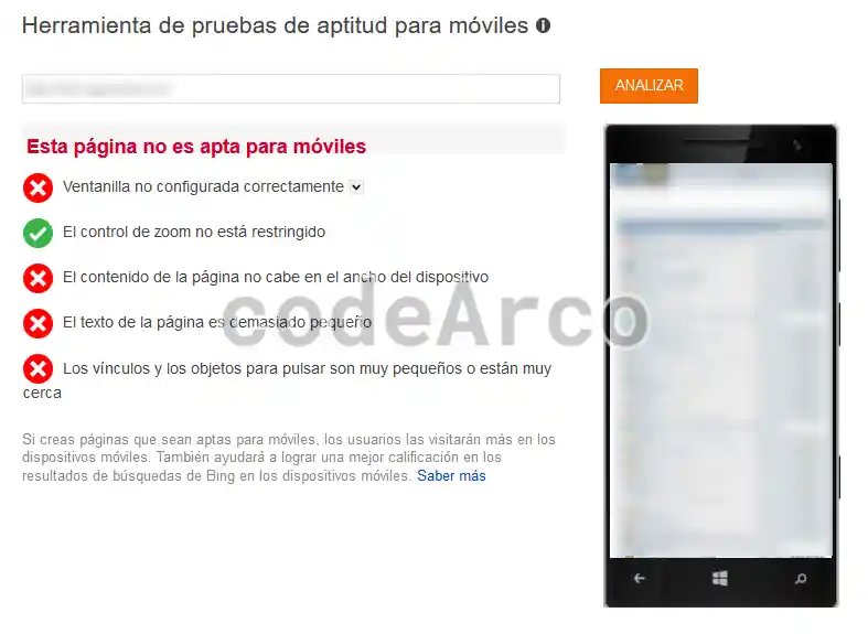 Errores mobile friendly con Bing