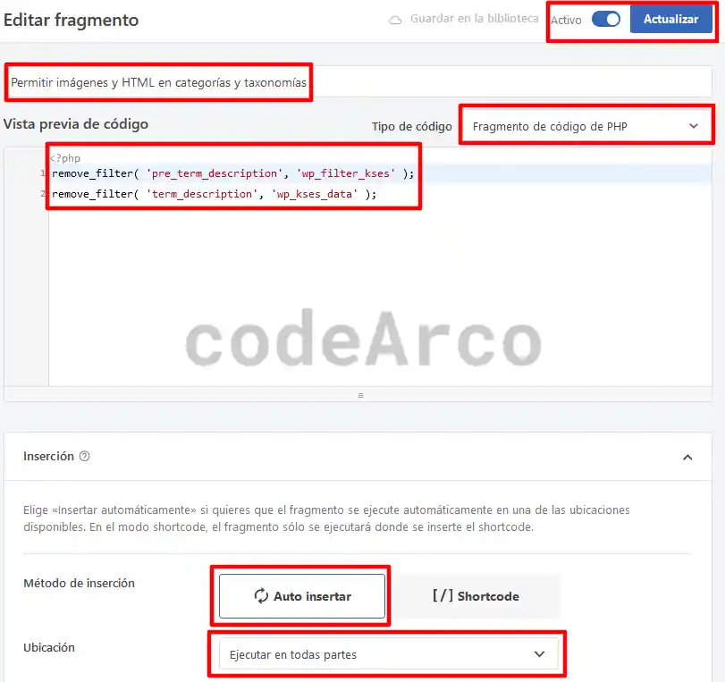 Codigo PHP para insertar HTML en descripcion categorias