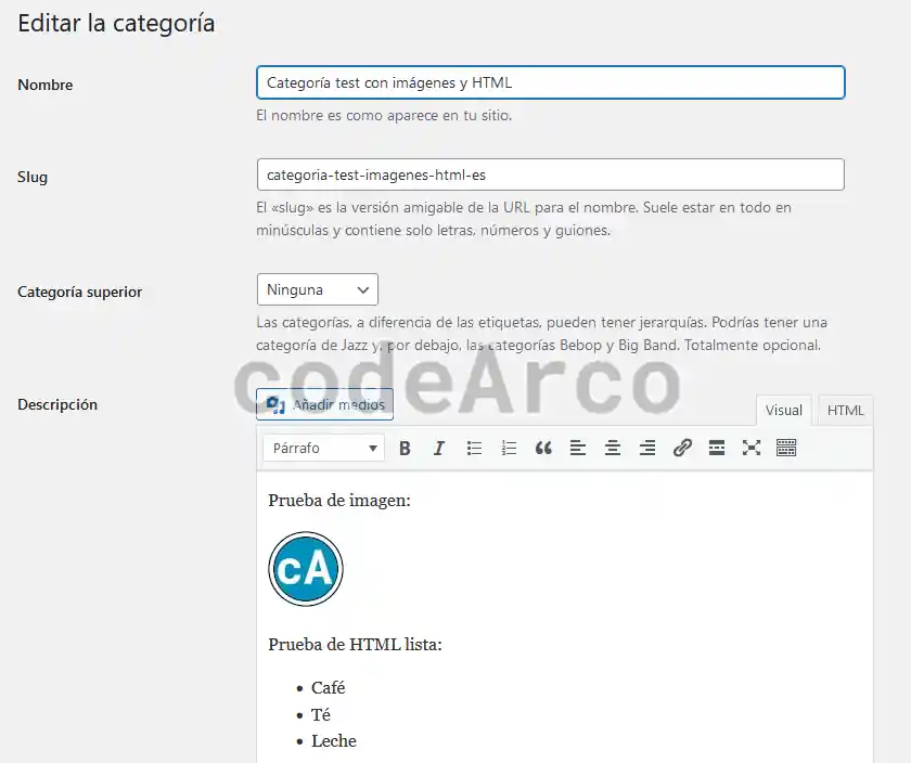 Descripcion categoria con imagenes y HTML con Yoast